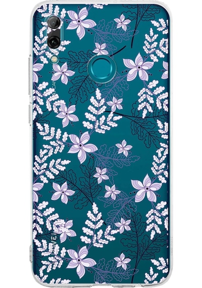 Huawei Psmart 2019 Uyumlu Kamera Korumalı Floral Lila Tasarımlı Şeffaf Silikon Kılıf