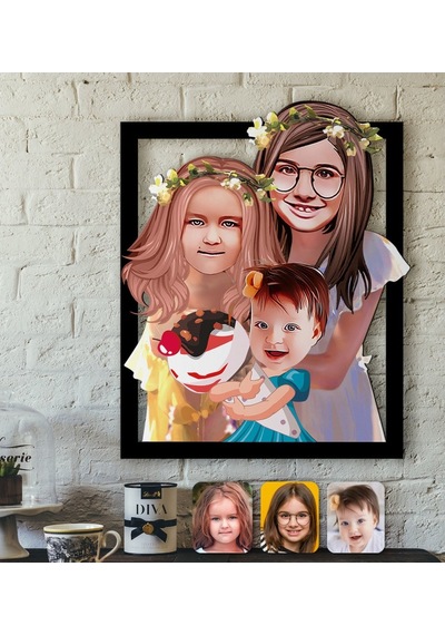 Kişiye Özel 3 Kardeş Karikatürlü 3D Ahşap Tablo-4