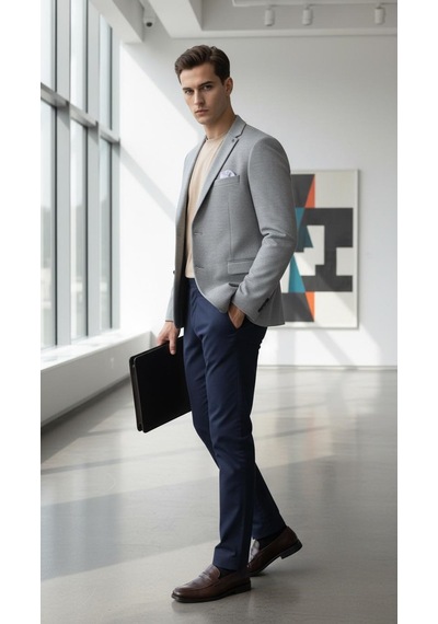 Plus Scorpion Erkek Esnek Kumaş Slim Fit Blazer Ceket Günlük & Ofis Şıklığı Açık Gri