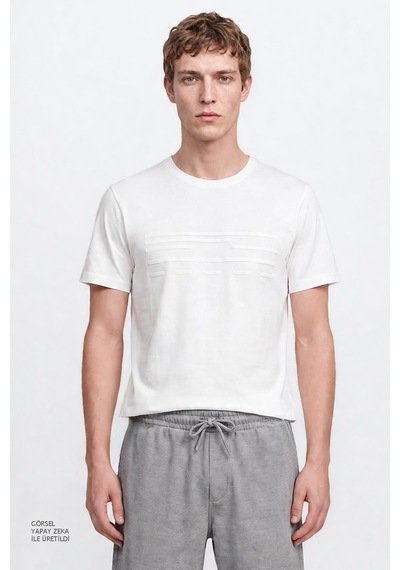 Altınyıldız Classıcs Erkek Beyaz Pamuklu Slim Fit Dar Kesim Bisiklet Yaka Baskılı Esnek Tişört