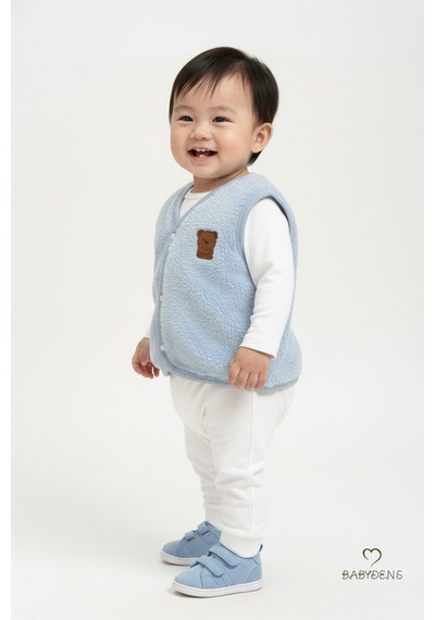 Babyden's Welsoft Erkek Bebek Çocuk Çıtçıtlı Yelek Ayıcık Armalı, Yumuşak Peluş Bebek Yeleği Bebe Mavisi