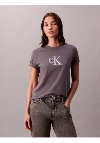 Kadın Kısa Kol Ck Yazı Detay Bisiklet Yaka Gri T-shirt Gri