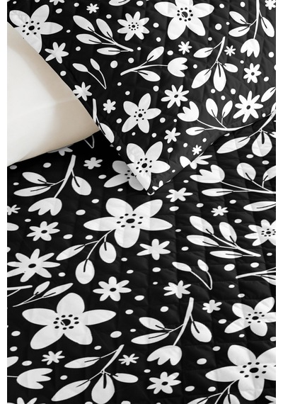 Siyah Çiçekli Modern Genç Odası Tek Kişilik Pike Takımı-beyaz Floral 160x220cm Kapitone Yatak Örtüsü Buharlı Rota İzi