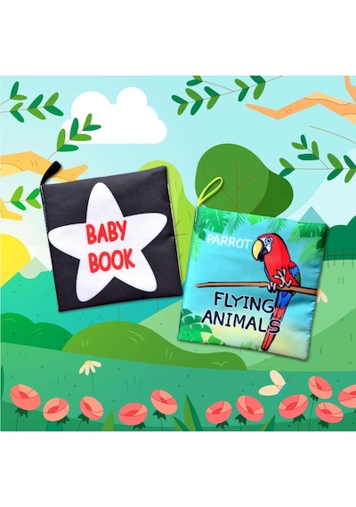2 Kitap Tox İngilizce Siyah-Beyaz Bebek ve Uçan Hayvanlar Kumaş Sayfa