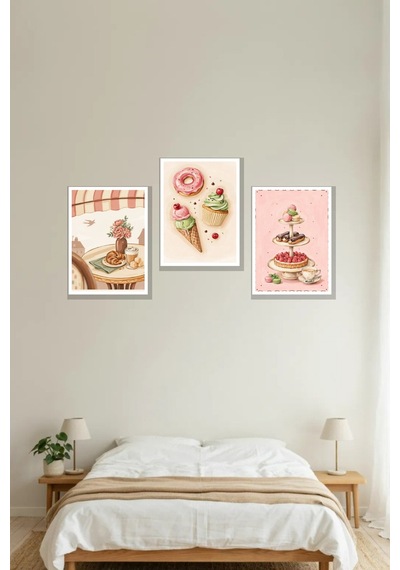 Tatlı Kafe 3'lü Çerçeve Görünümlü 30x40 Cm Mdf Tablo Seti Salon Duvar Dekoru