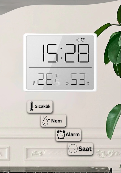 Dijital Oda Termometre Sıcaklık Ve Nem Ölçer Masa Saati Alarm Lcd Ekran Duvara Takılır Beyaz Çok Renkli