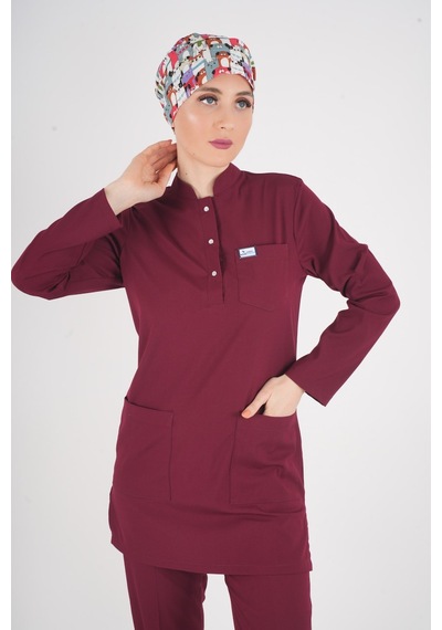 Bordo Renk Sakura Model Tesettür Doktor Hemşire Scrubs Üniforma Takımı Bordo