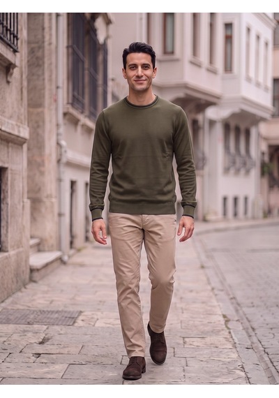 Maccali Erkek Haki Kontrast Şeritli Bisiklet Yaka Triko Sweatshirt