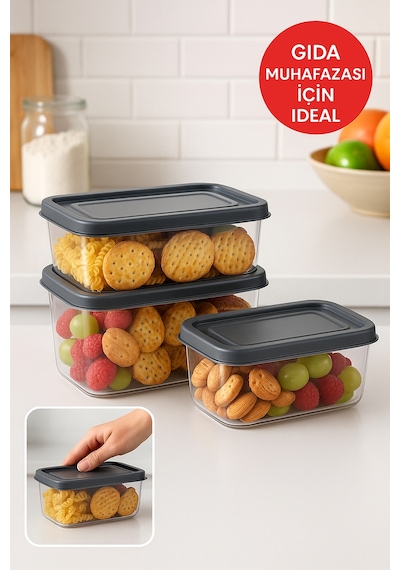 3 Lü Dikdörtgen Trio Saklama Kabı Seti 0.70l 1.0l 1.5l Gri Kapak Diğer