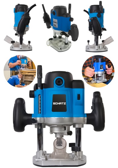 Schatz 1400 Watt Profesyonel Elektrikli Devir Ayarlı Çift Kollu Formika Freze Traşlama Makinesi 8mm Pens Mavi