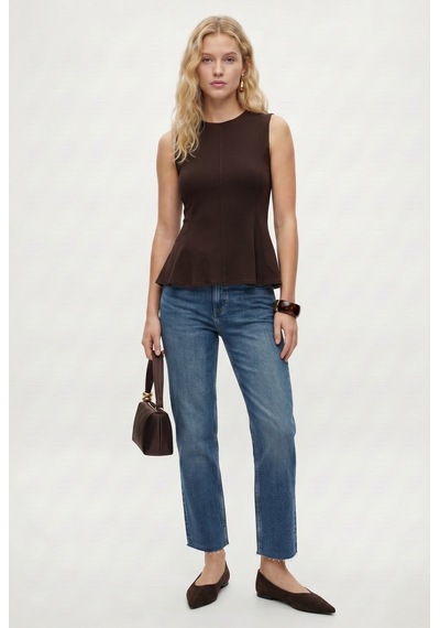 Ritnice Kadın Rowe %100 Pamuk Peplum Sıfır Kol Kahverengi Bluz