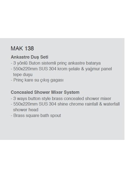 Ankastre Duş Seti 550x220 Mm Şelale&yağmur Panel 3 Yönlü Butonlu Sus 304 Paslanmaz Pirinç Krom Kap