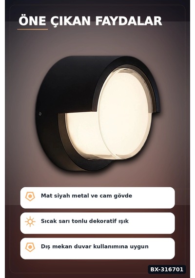 Led Dekoratif Aplik 15w 3200k Gün Işığı 1350 Lümen Ip44 Duvar Lambası 17 Cm Bx-316701 Diğer