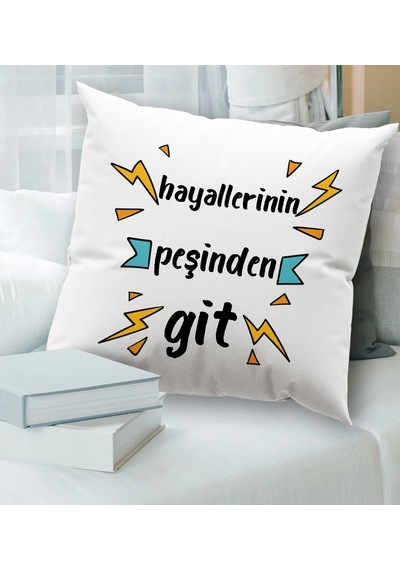 BK Gift Hayat Mottosu Tasarımlı Beyaz Kırlent Yastık, Ev Hediyesi