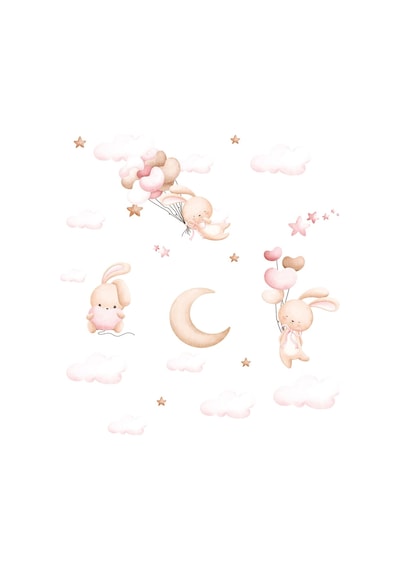 Pembe Bulutlar Bunny Çocuk Odası Poster Duvar Kağıdı Çok Renkli