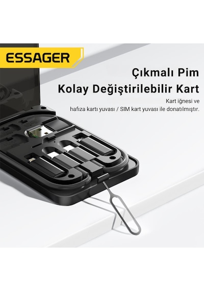 Essager 6in1 60w Type C, Micro Ve Apple Uyumlu iPhone  Lightning Kablolu, Dönüştürücü, Sim Aparatlı Seyahat Seti