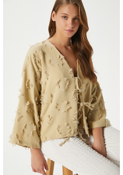 Ritnice Kadın Harmony Bağcıklı Çağla Yeşili Kimono Gömlek Yağ Yeşili