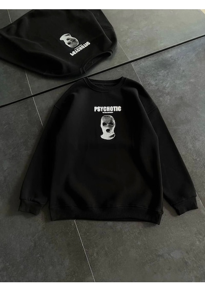 Modi Kışlık Bisiklet Yaka Baskılı Sweatshirt - Siyah 1siyah