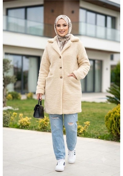 Hb Harma Time Butik Kadın Astarlı Düğmeli Kruvaze Bej Peluş Kaban Bej Bej
