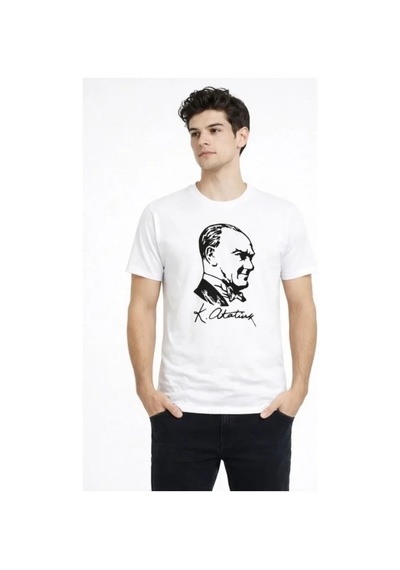 Butik İstanbul Erkek Atatürk Baskılı Tişört Kısa Kollu Bisiklet Yaka T-shirt - Beyaz