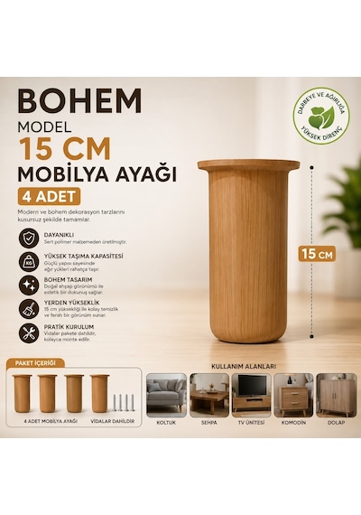 Bohem Model 15 Cm Mobilya Ayağı Söğüt Rengi Sert Polimer Koltuk Dolap Tv Ünitesi Ayağı-4 Adet Krem