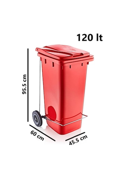 Omnipazar Sy-6507 Pedallı Tekerlekli Kapaklı Plastik Çöp Konteyneri 120 Lt Kırmızı