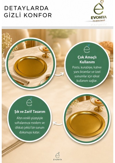 4'lü Gold Sunum Tepsisi Seti Altın Renk Yuvarlak Pasta, Kurabiye Ve İkramlık Servis Tepsisi