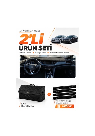 Opel İnsignia 2017-2026 Uyumlu Torpido Örtüsü + Deri Bagaj Çantası + Sticker Seti - Siyah
