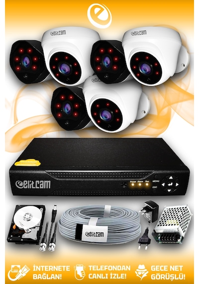 Elitcam 6 Kameralı Uzay 3 İç Kamera Set 250 GB HDD Full HD Gece Görüşlü Güvenlik Kamerası Sistemi