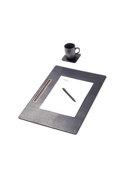 Turgut Office Deri Toplantı Sümeni Düz Siyah Yatay Ahşap Detaylı 49 x 34cm