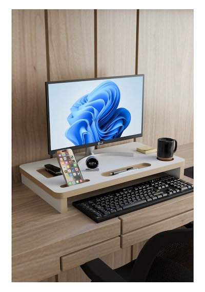 Ergonomik Mdf Monitör Standı Ekran Yükseltici Masaüstü Düzenleyici Organizer Telefon-bardak Bölmeli