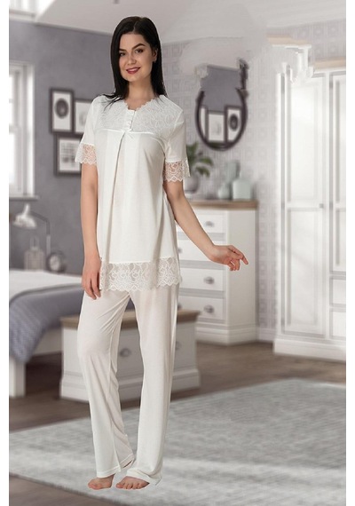 Ct Moda Effort Kadın Ekru Kısa Kollu Hamile Lohusa Pijama Takımı 5042 Ekru