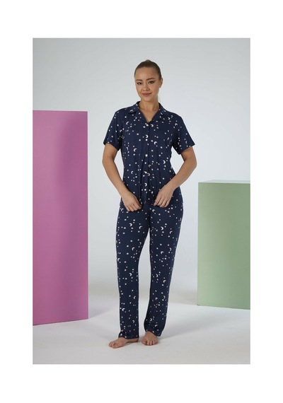 Estiva Kadın Gece Desenli Lacivert Kısa Kollu Önden Düğmeli Soft Pijama Takımı Çok renkli