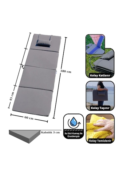 Xpermate Katlanır Şezlong Minderi Kamp Yatağı 180x60x3 Gri