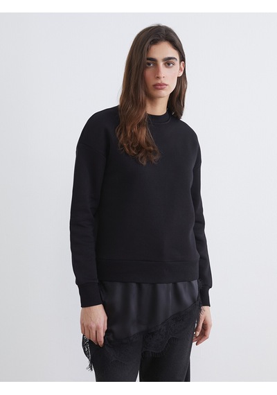 Lcw Vision Siyah Dantel Detaylı Oversize Kadın Kalın Sweatshirt