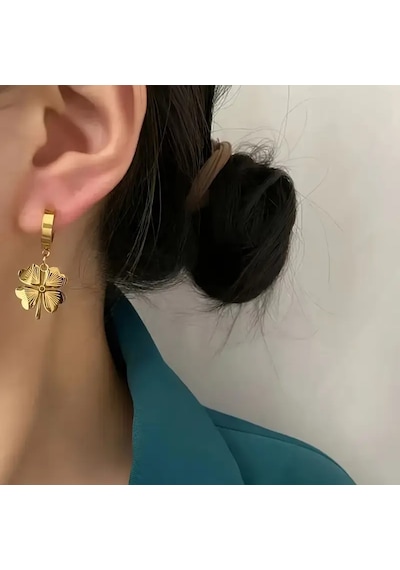 Antialerjik 316l Çelik Gold Renkli Şık Dört Yapraklı Yonca Motif Kolye, Küpe Seti Şıklık Ve Zarafet Gold