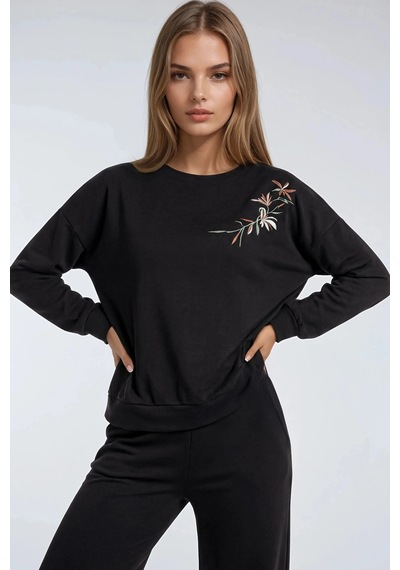 Fiolin Nakışlı Bisiklet Yaka Sweatshirt Ve Düz Paça Pantolon İkili Takım Siyah