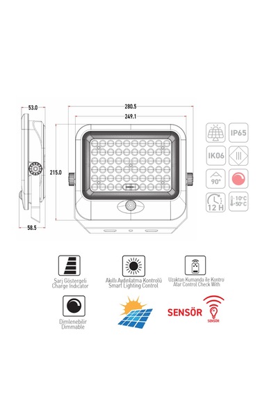 Ack At65-19832 350w Ip65 6500k Beyaz Lensli Solar Led Projektör