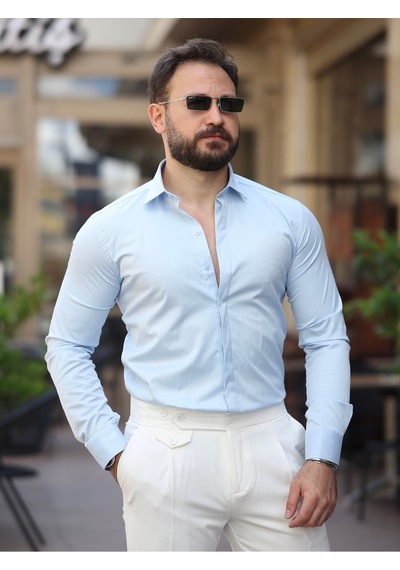Süper Slim Fit Dar Kalıp Gizli Düğmeli Pamuk Saten Gömlek Açik Mavi