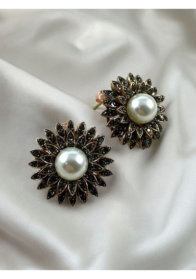 Black Diamond Swarovski Taşlı İnci Çiçek Küpe Gri