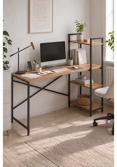 120x55 Cm Raflı Çalışma Masası Bilgisayar Masası Ofis Masası Ders Masası Cervantes Çam