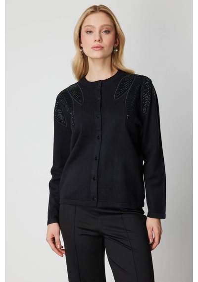On Fashion Kadın Taş Detaylı Siyah Hırka 60908 Siyah