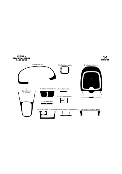 Nissan Sunny Almera Torpido Kaplama 2000-2003 14 Parça Piano Black