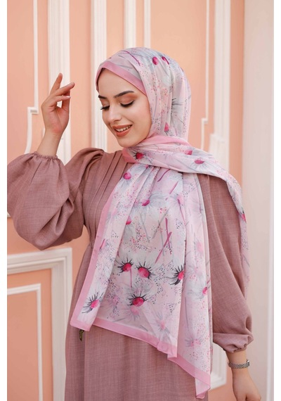Mimiyum Papatya Desen Nayf İpek Şal Şeker Pembe