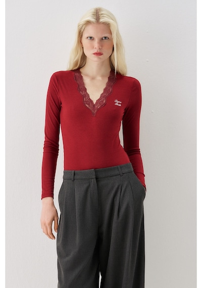 Sagaza Studio Ss6163 Yaka Dantel Detaylı Çıt Çıtlı Body Bordo
