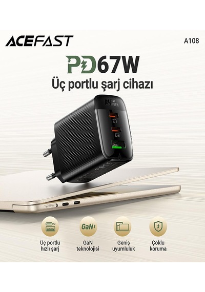 Acefast Pd67w Destekli 2xusb-c+1xusb-a Çıkışlı Hızlı Şarj Cihazı - A108