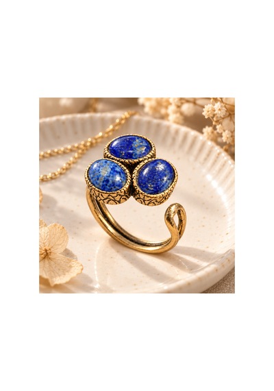 Esoo Jewelry Doğal Taş Detaylı 3 Taşlı Vintage Gold Ayarlanabilir Kadın Yüzük - Saks Mavi Koyu Mavi