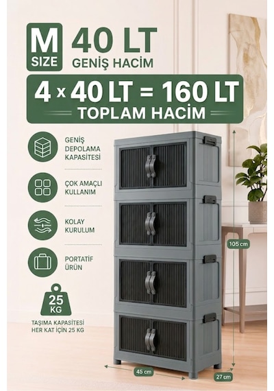 4 Katlı Plastik Kapaklı Portatif Dolap Çok Amaçlı Saklama Ayakkabı Düzenleyici, Mutfak Banyo Balkon Siyah