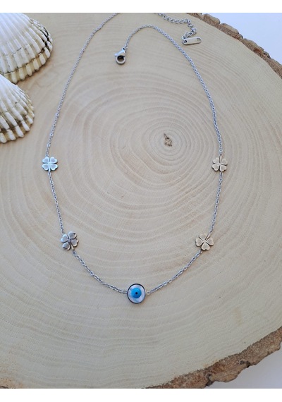Dali Shop Nazar Boncuklu Çelik Yonca Zincir Kolye Gümüş