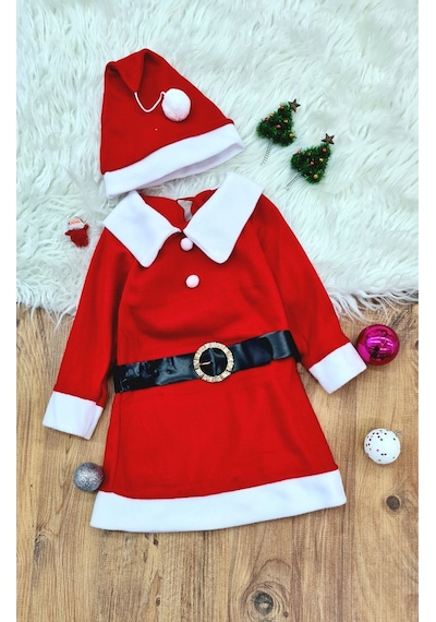 Kız Çocuk Noel Anne Yılbaşı Kostümü Etekli Şapkalı Elbise Yılbaşı Noel Baba Kostümü Beyaz - Kırmızı